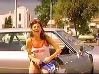 Adorable and sporty celeb jumps out of her car in public wearing her sexy little underwear and quickly puts on shorts in this sexy celeb movie.